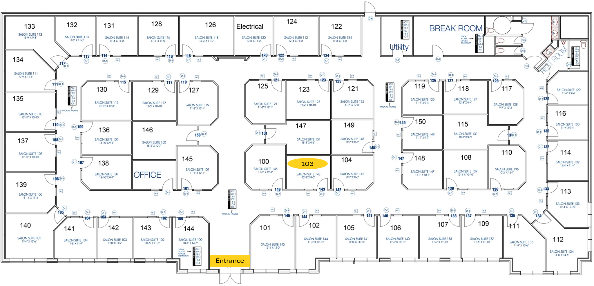 Building floor plan showing the entrance and highlighted Suite 103.